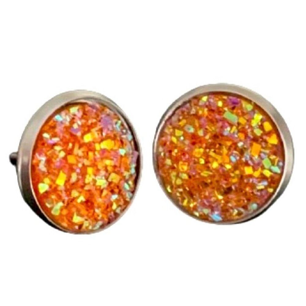 Burnt Orange Prism Crystal Stud Earrings Silver Tone